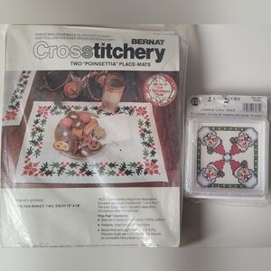 2 Counted Cross Stitch Christmas Kits Bernat Placemats & Nmi Plastic Coasters